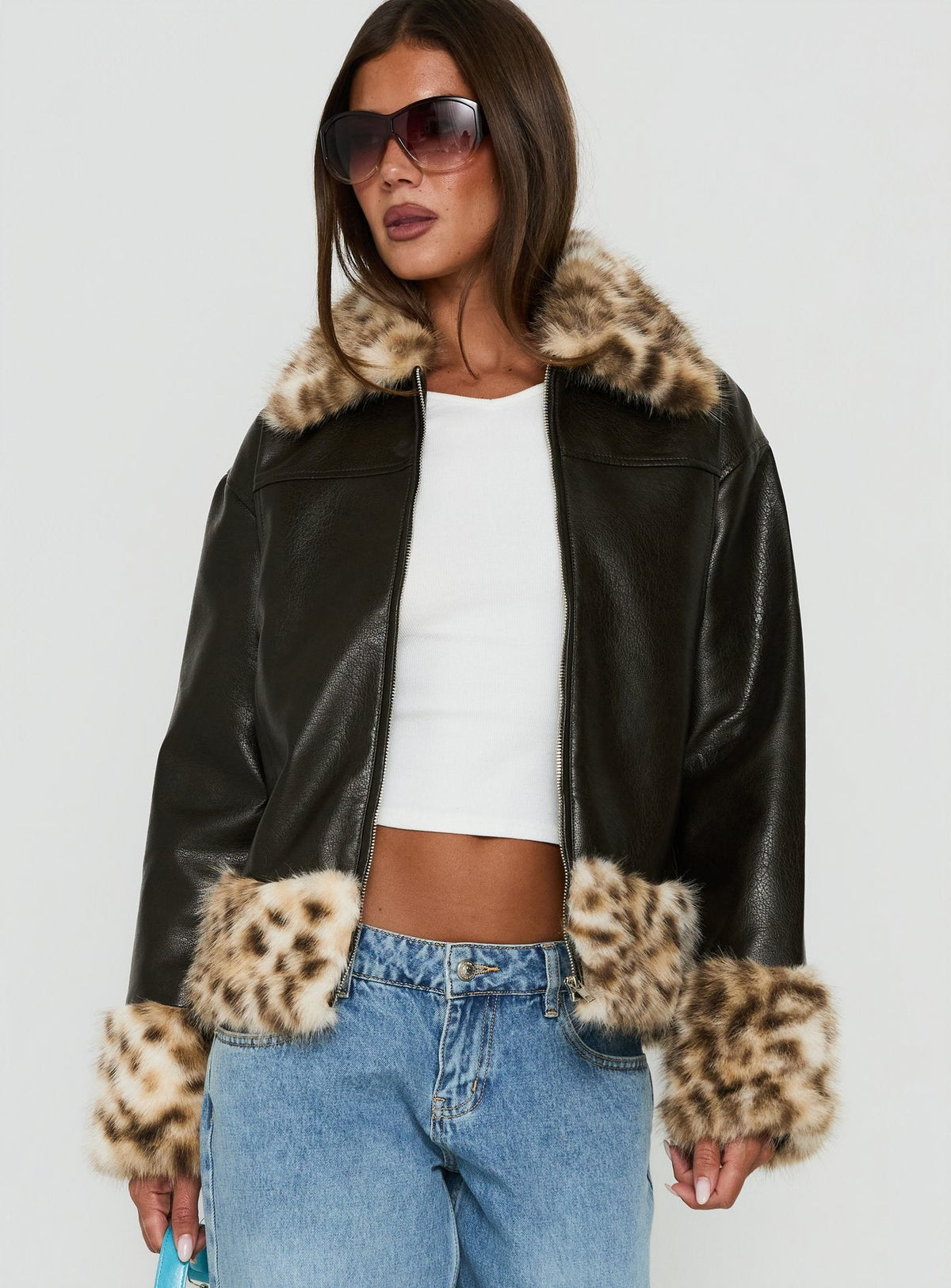 Stevvie Jacke mit Kunstpelzbesatz Schwarz / Leopard