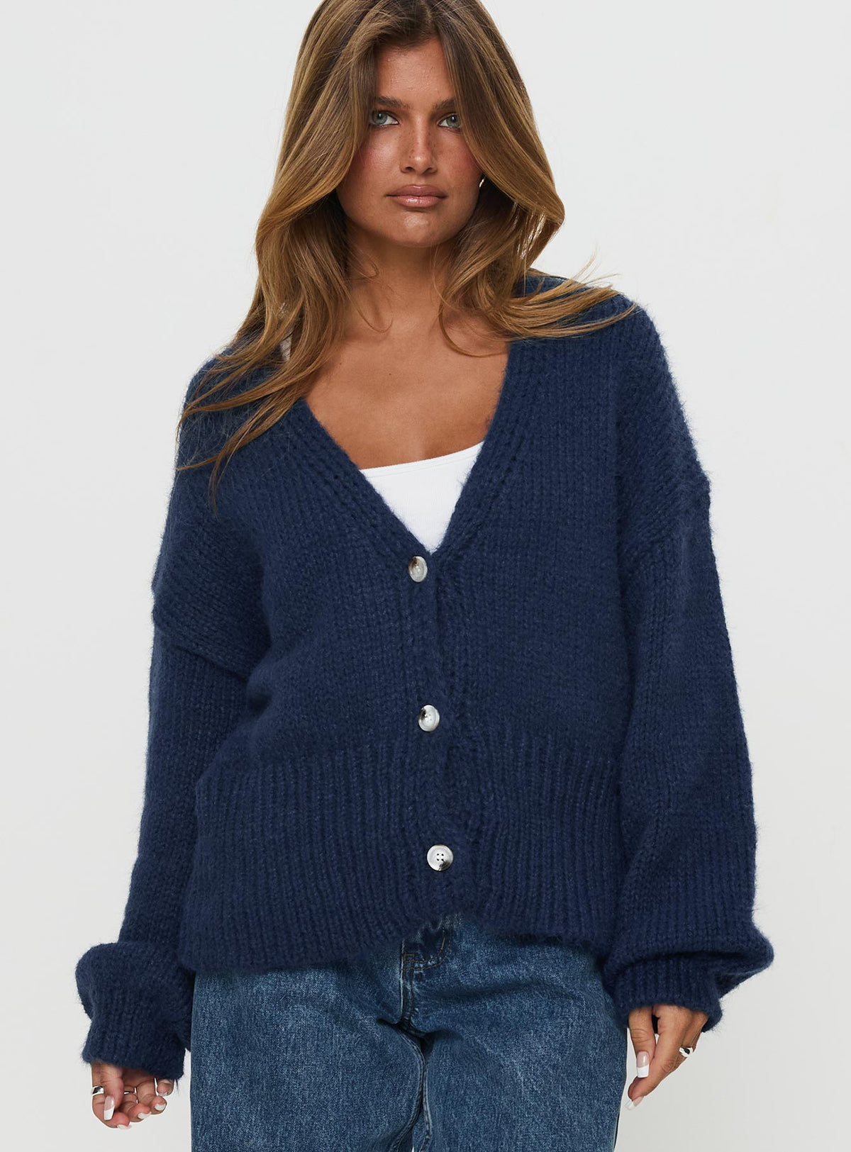 front view of model wearing Princess Polly Yasmyn Knit Cardigan Royal Blue Long 