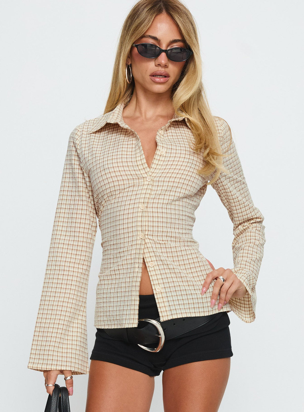 Eryx Tie Back Button Up Top Aprikot Karo