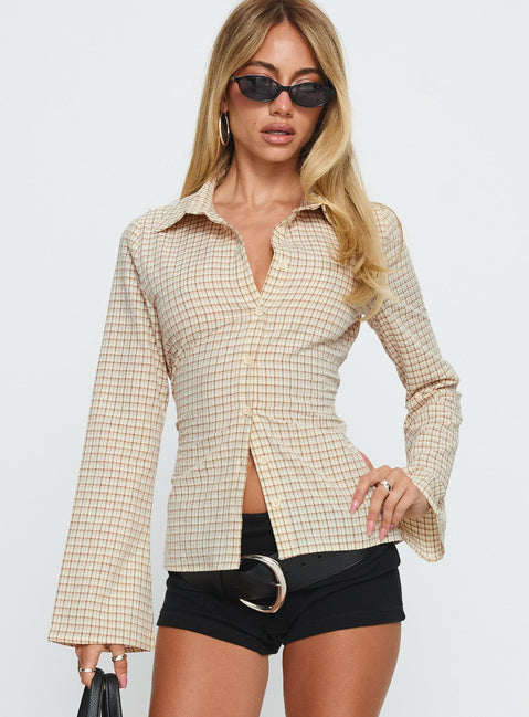 Eryx Tie Back Button Up Top Aprikot Karo