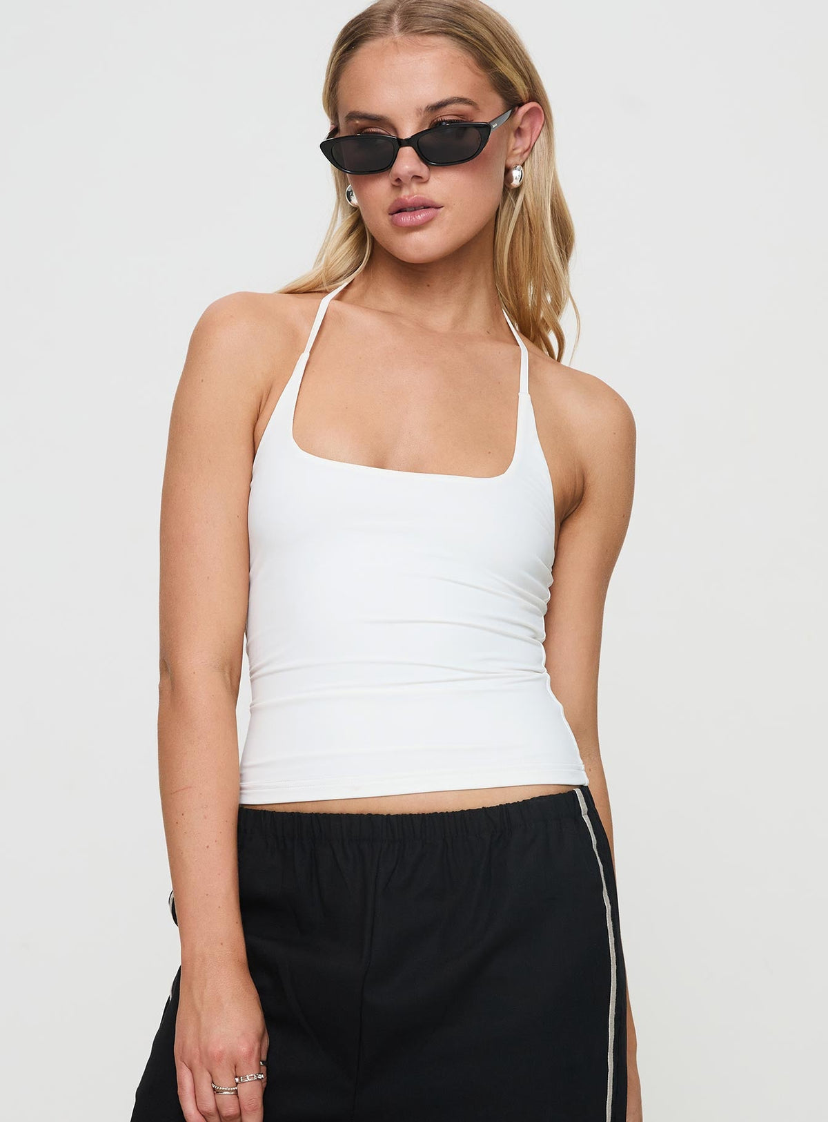 front view of model wearing Princess Polly Ezekiel Nylon Top White Sleeveless Square Neck 