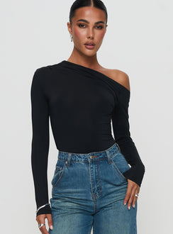 front view of model wearing Princess Polly Antilles One Shoulder Bodysuit Black Long Sleeve Tops Bodysuit 