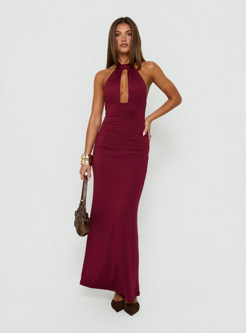Soreya High Neck Cut Out Maxi Dress Burgundy