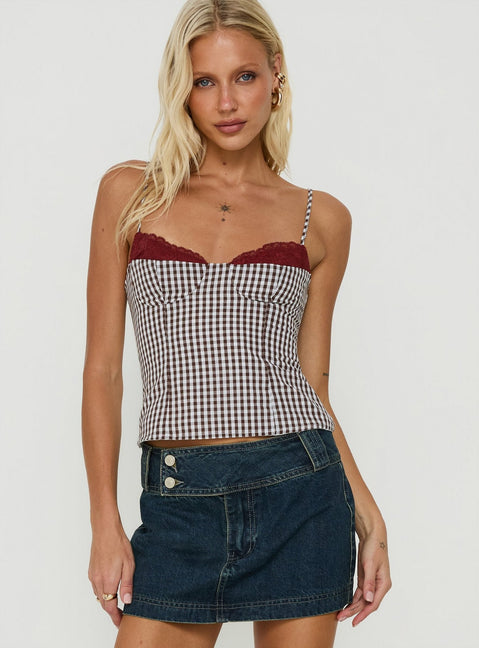 Baby Steps Gespleißtes Bustier-Detail Cami-Top mit braunem Vichykaro
