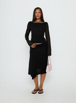   front view of model wearing Princess Polly Joaney Tie Side Jersey Midi Skirt Black Midi Skirts Skirts 