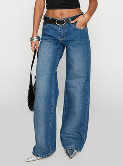 side view of model wearing Princess Polly On Sunset Mid Rise Straight Leg Jeans Dark Wash Mid Rise 