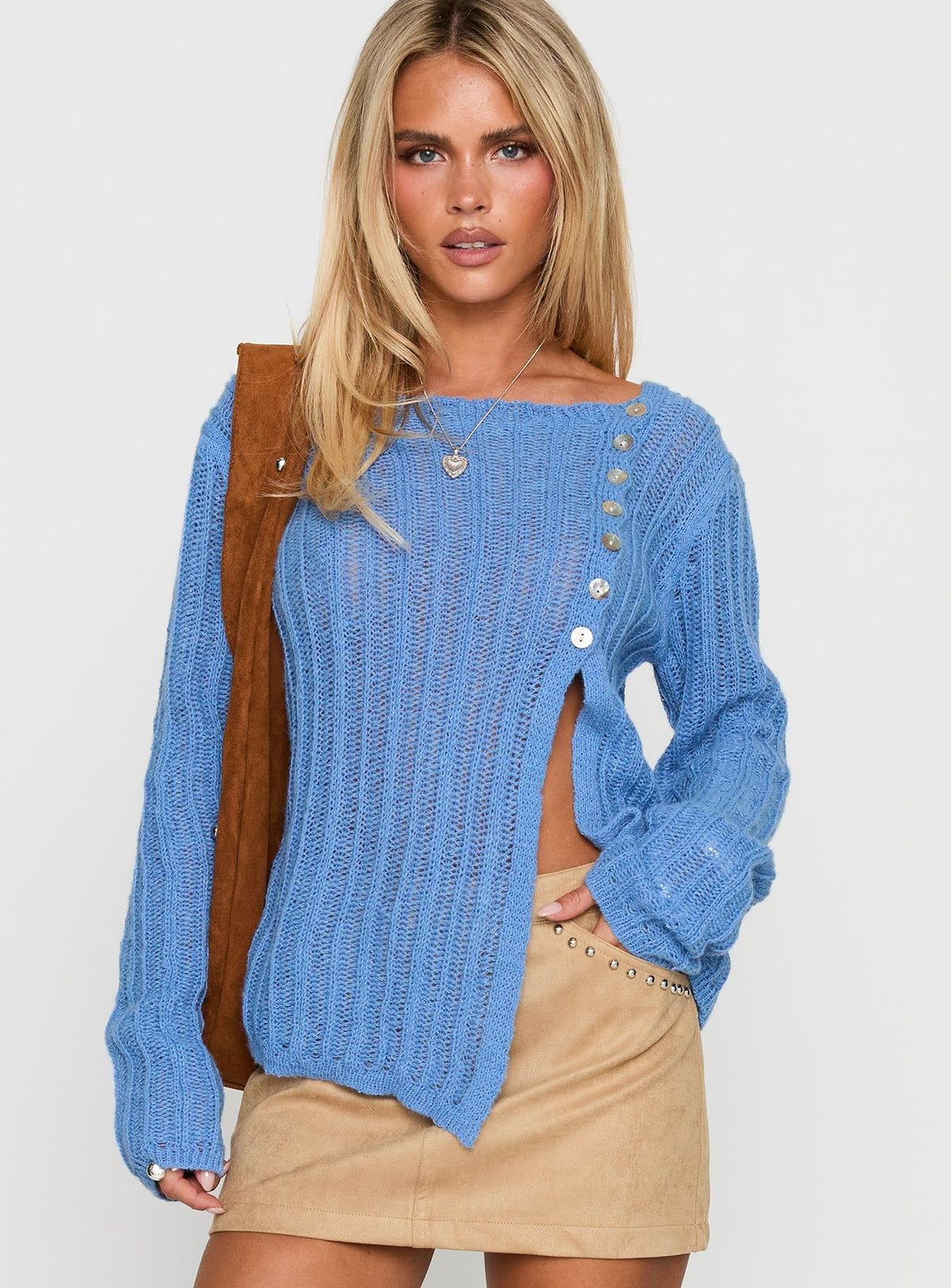 front view of model wearing Princess Polly Lenker Knit Jumper Blue Long 