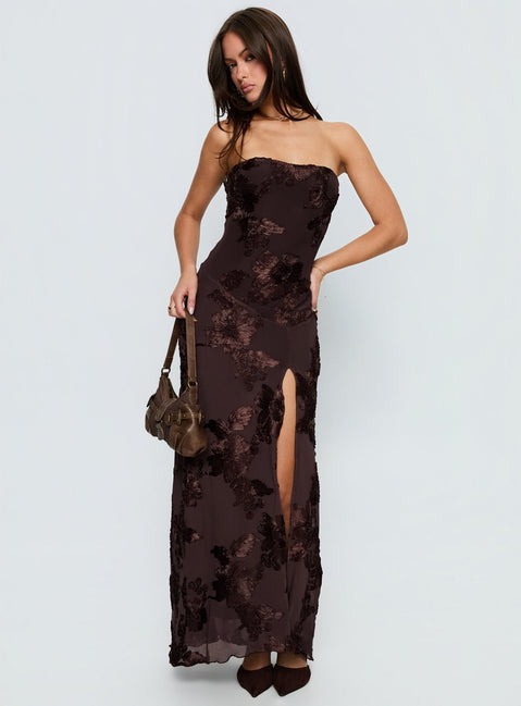 Maribeth trägerloses Maxikleid mit Blumenmuster Schokobraun