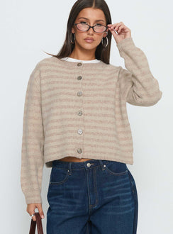 front view of model wearing Princess Polly Raynna Button Up Cardigan Beige Stripe Cropped Jumpers 