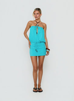 Upper Echelon Draped Ebene drapiertes trägerloses Minikleid Cyan
