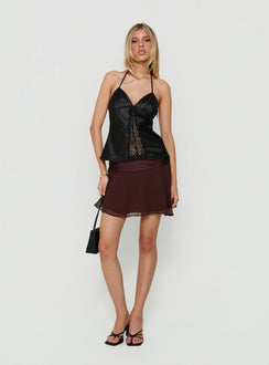 Introducing the Emey Asymmetrical Mini Skirt Brown in womens-skirts with a mini length front view of model wearing Princess Polly