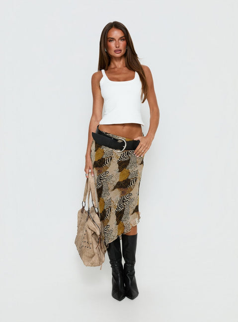 Showcasing the Suella Asymmetrical Midi Skirt Animal Multi in womens skirts with relaxed fit and wrap details front view of model wearing Princess Polly