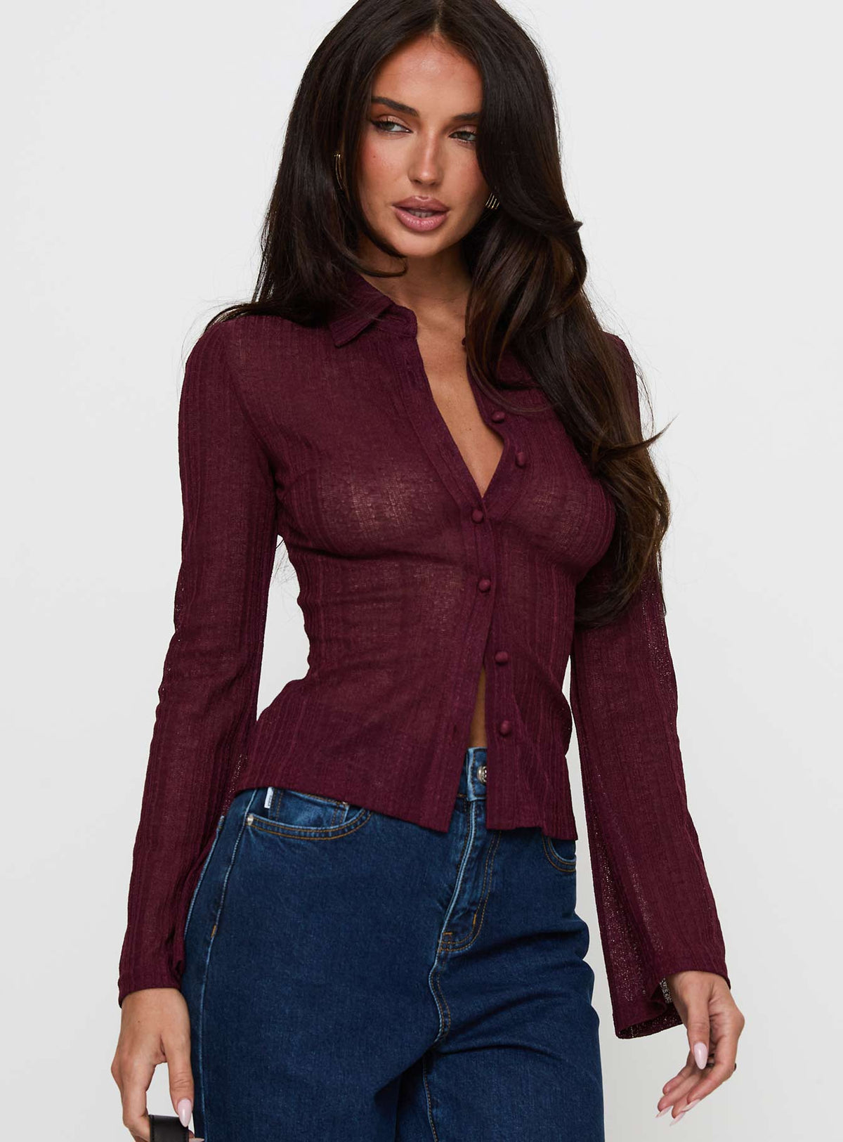 front view of model wearing Princess Polly When You Sleep Long Sleeve Top Wine Full Sleeves V-Neck 
