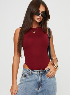 front view of model wearing Princess Polly Beresford Bodysuit Wine Sleeveless 