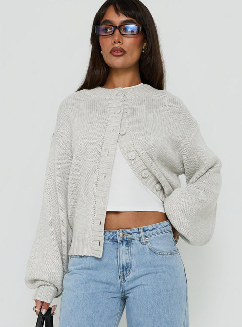 Showcasing the Edern Cardigan Light Grey Marle womens-jumpers in short oversized front view of model wearing