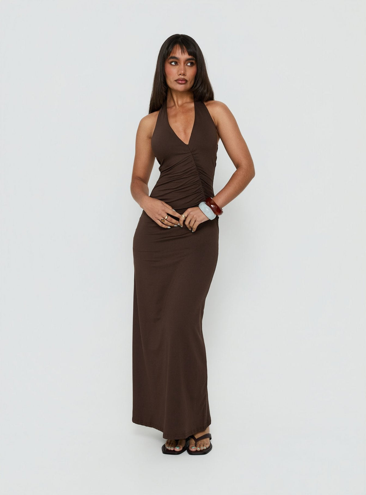 Cadira gerafftes Neckholder Maxikleid Schokobraun
