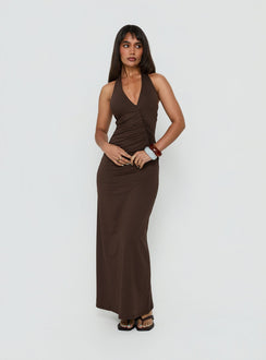 Cadira gerafftes Neckholder Maxikleid Schokobraun