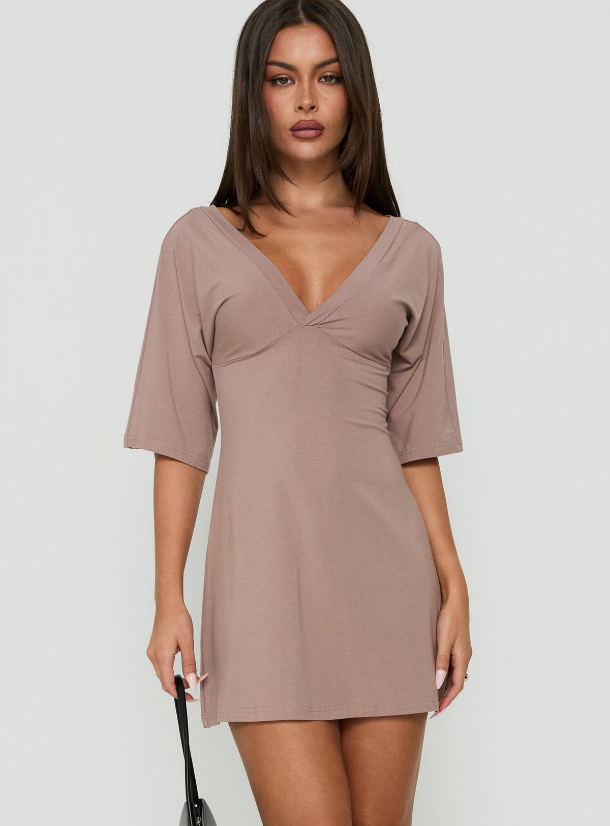 Reyya 3/4-Arm V-Ausschnitt Minikleid Taupe
