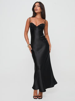 front view of model wearing Princess Polly Fadyen Bias Cut Maxi Dress Black Sweetheart Neckline 