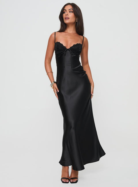 front view of model wearing Princess Polly Fadyen Bias Cut Maxi Dress Black Sweetheart Neckline 