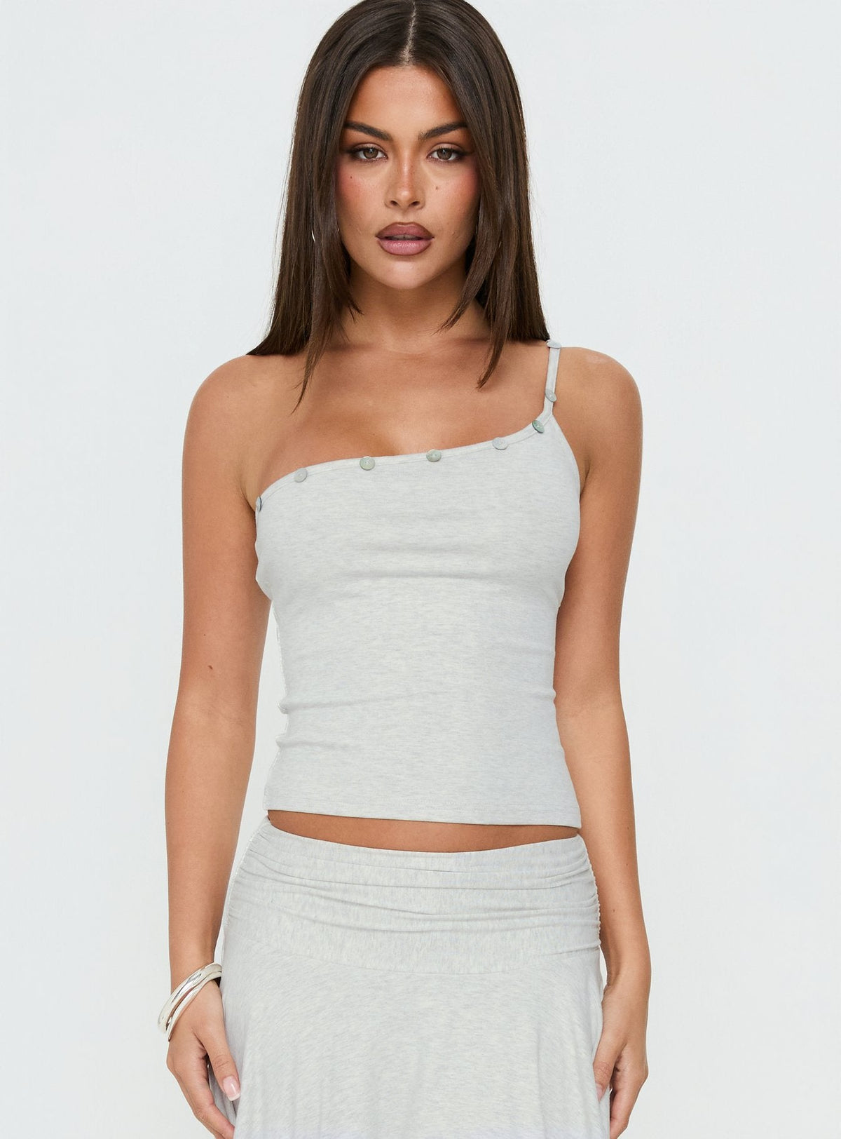 Mimmi One-Shoulder-Top mit Knopfdetails Grau