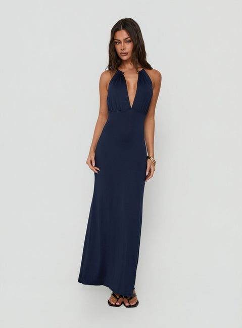 Dionira Plunge Neck Maxikleid zum Binden in Marineblau