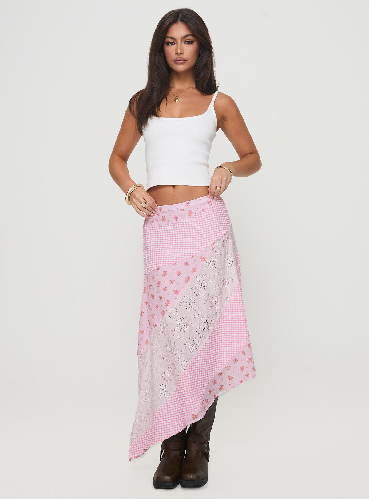   front view of model wearing Princess Polly Rennar Maxi Skirt Multi Maxi 
