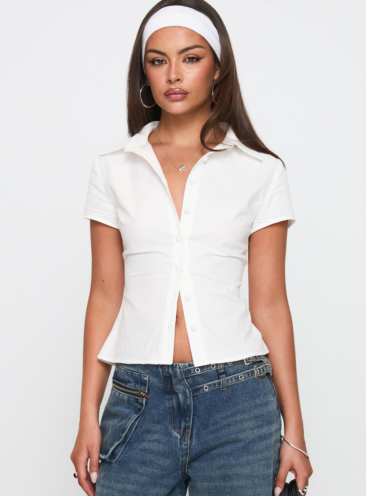 front view of model wearing Princess Polly Lift Off Button Up Top White Short Sleeves V-Neck 