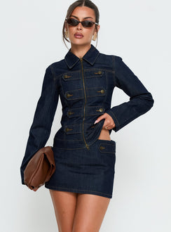   front view of model wearing Princess Polly Cristen Cadet Denim Mini Skirt Indigo Mini Skirts 