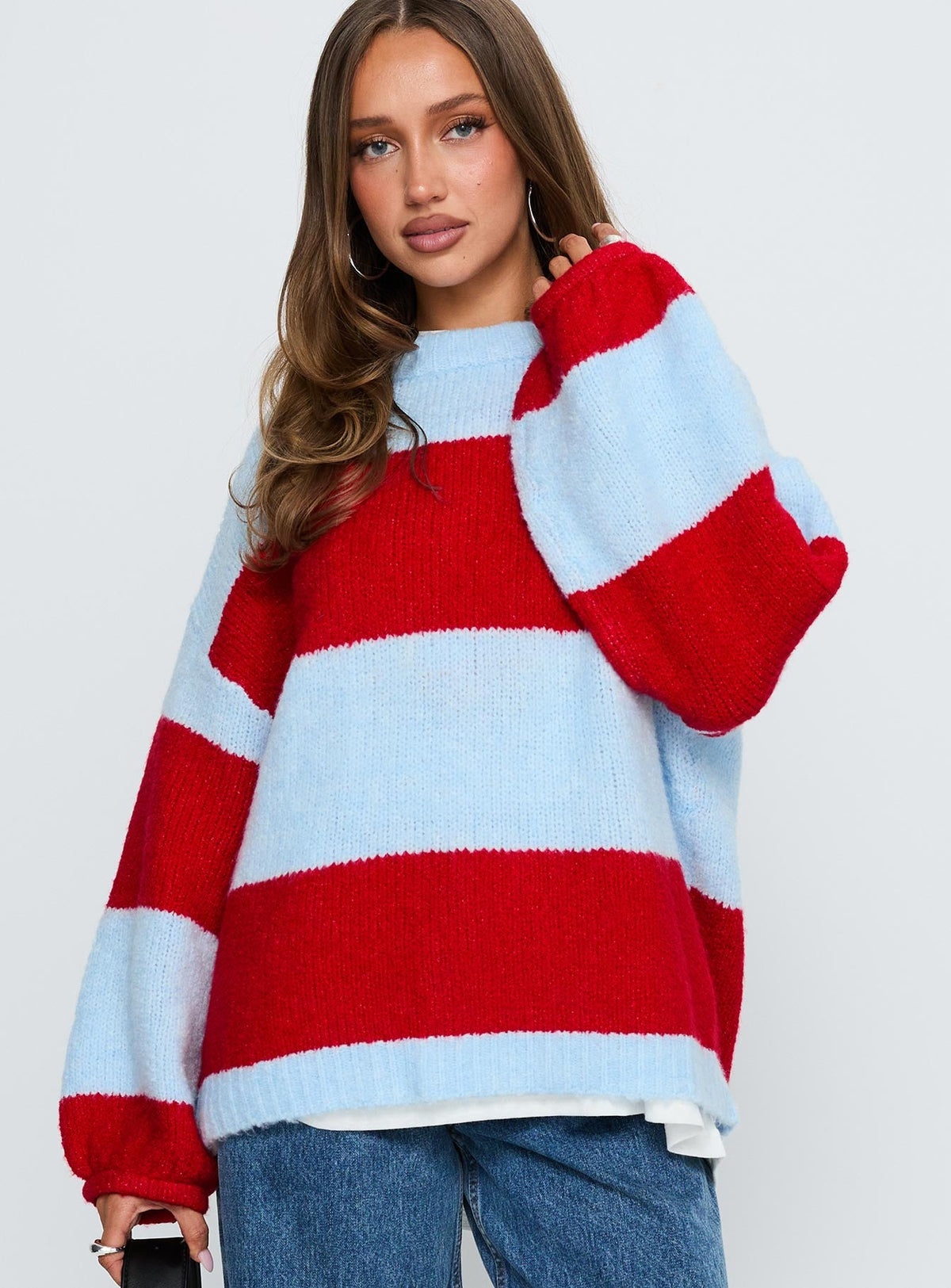 front view of model wearing Princess Polly Bastien Crew Neck Knit Sweater Blue / Red 