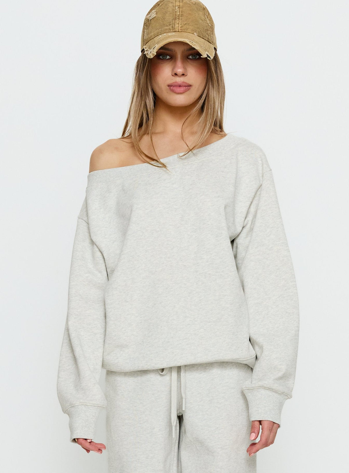 front view of model wearing Princess Polly Wellness Off the Shoulder Jumper Grey Marle Jumpers 