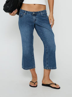 Featuring Hierarchy Low Rise 3/4 Length Jeans Mid Wash womens-jeans with low-rise waist Princess Polly