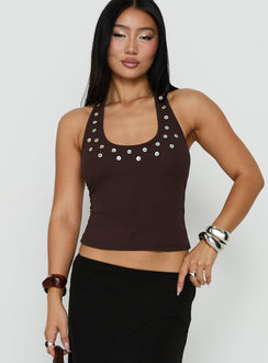 Renara Halter-Rippstrick-Oberteil mit Knöpfen, Braun