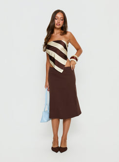   side view of model wearing Princess Polly Baseline Rib Midi Skirt Chocolate Midi Skirts Skirts 