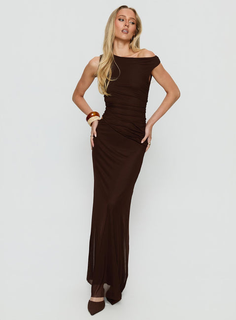 Krystyna Off-Shoulder Maxikleid mit Raffung Schokobraun