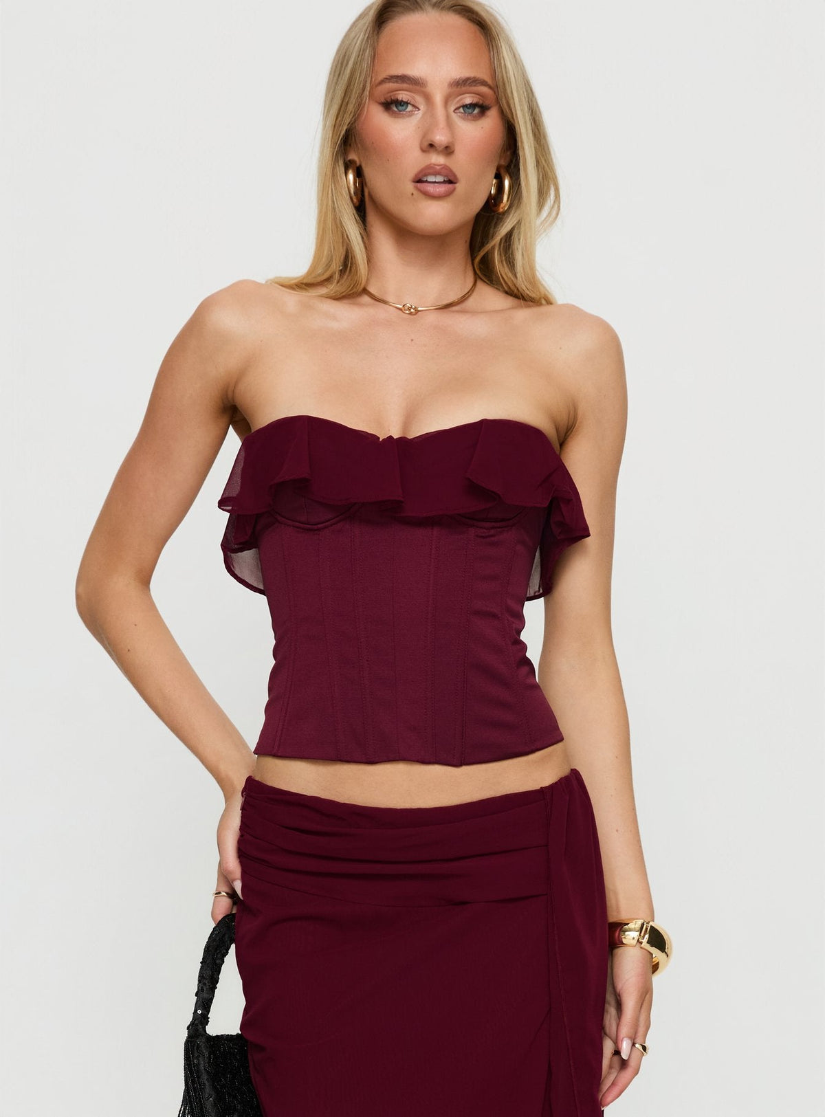 Holliann Trägerloses Korsett-Top mit Rüschen, Weinrot