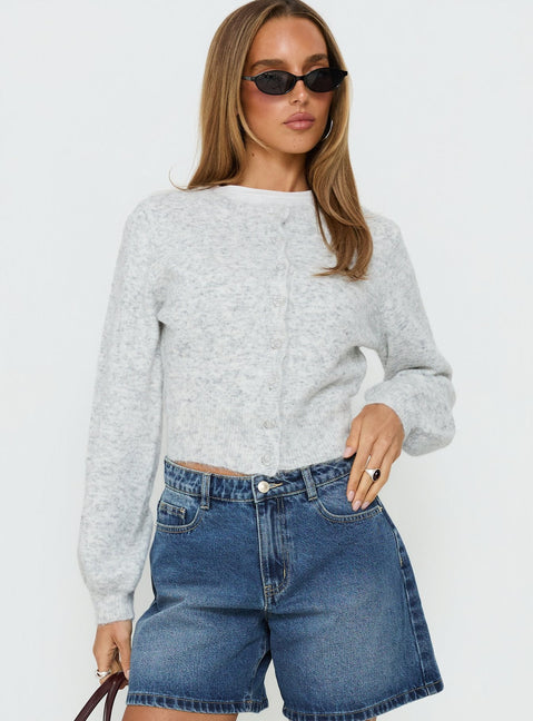 Crafted from Dawsen Button Down Cardigan Grey womens-jumpers with short length detail view of model wearing Princess Polly