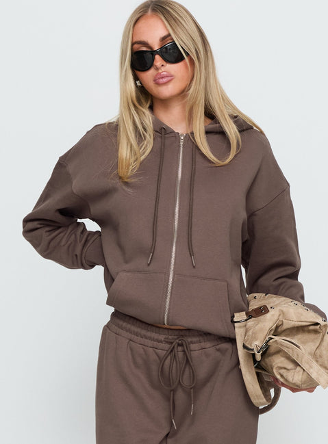 Showcasing the All Day Oversized Hoodie Mocha womens jumpers short length front view of model wearing Princess Polly