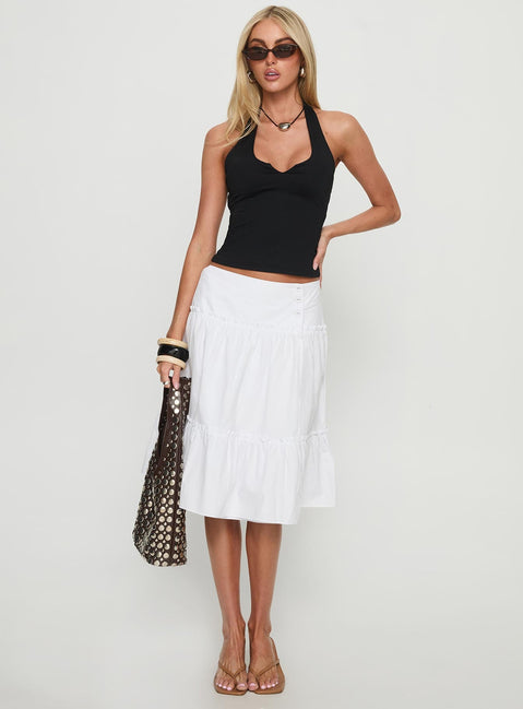 Showcasing the Cascades Low Rise Midi Skirt White womens-skirts in midi length front view of model wearing