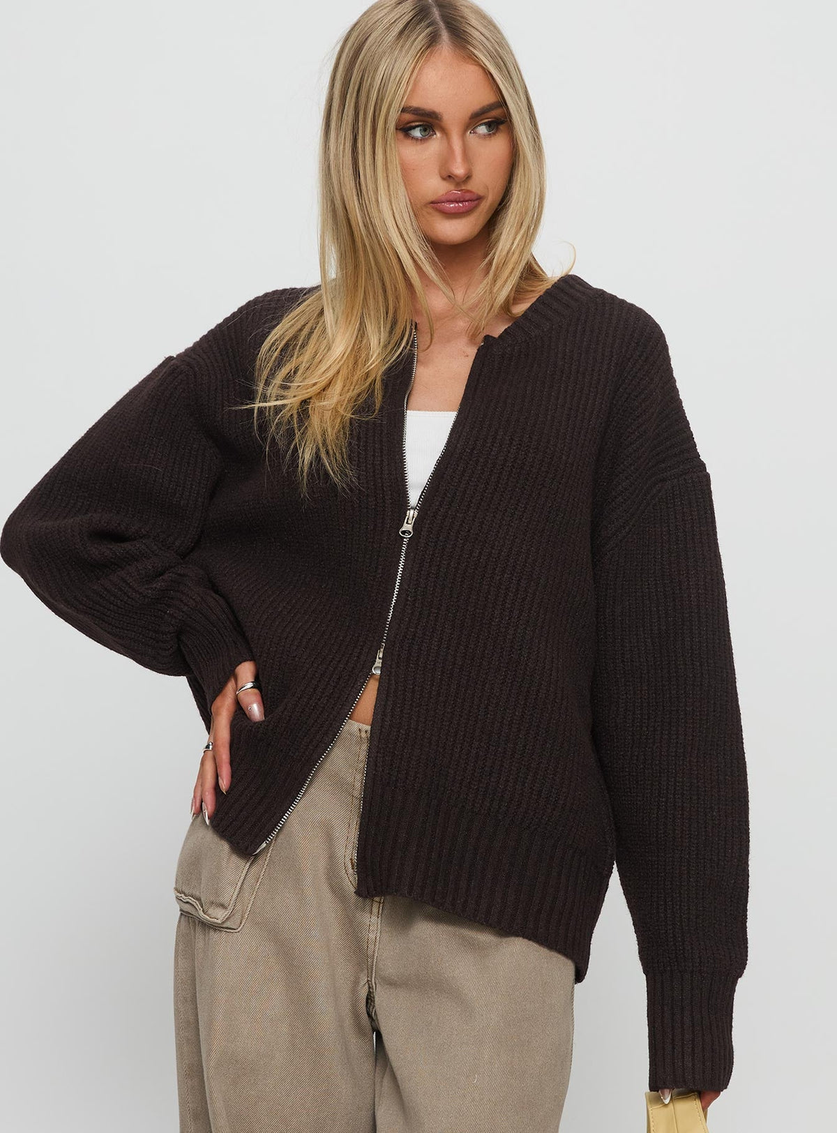 front view of model wearing Princess Polly Lexene Zip Through Jumper Chocolate Longline Jumpers 