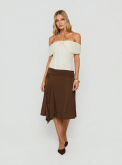 Featuring the Joaney Tie Side Jersey Midi Skirt Chocolate womens-skirts in midi length product Princess Polly