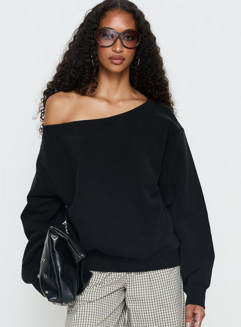 front view of model wearing Princess Polly Wellness Off the Shoulder Jumper Washed Black Longline Jumpers Jumpers 
