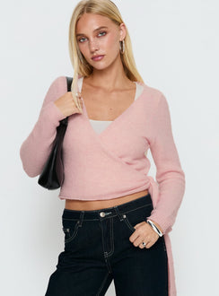front view of model wearing Princess Polly Tonee Wrap Knit Cardigan Pink cropped Jumpers 