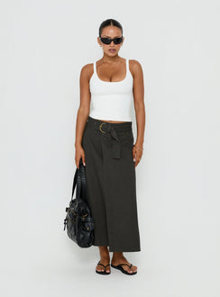 Styled True Visions Belted Maxi Skirt Charcoal womens-skirts in dark olive green maxi length Princess Polly