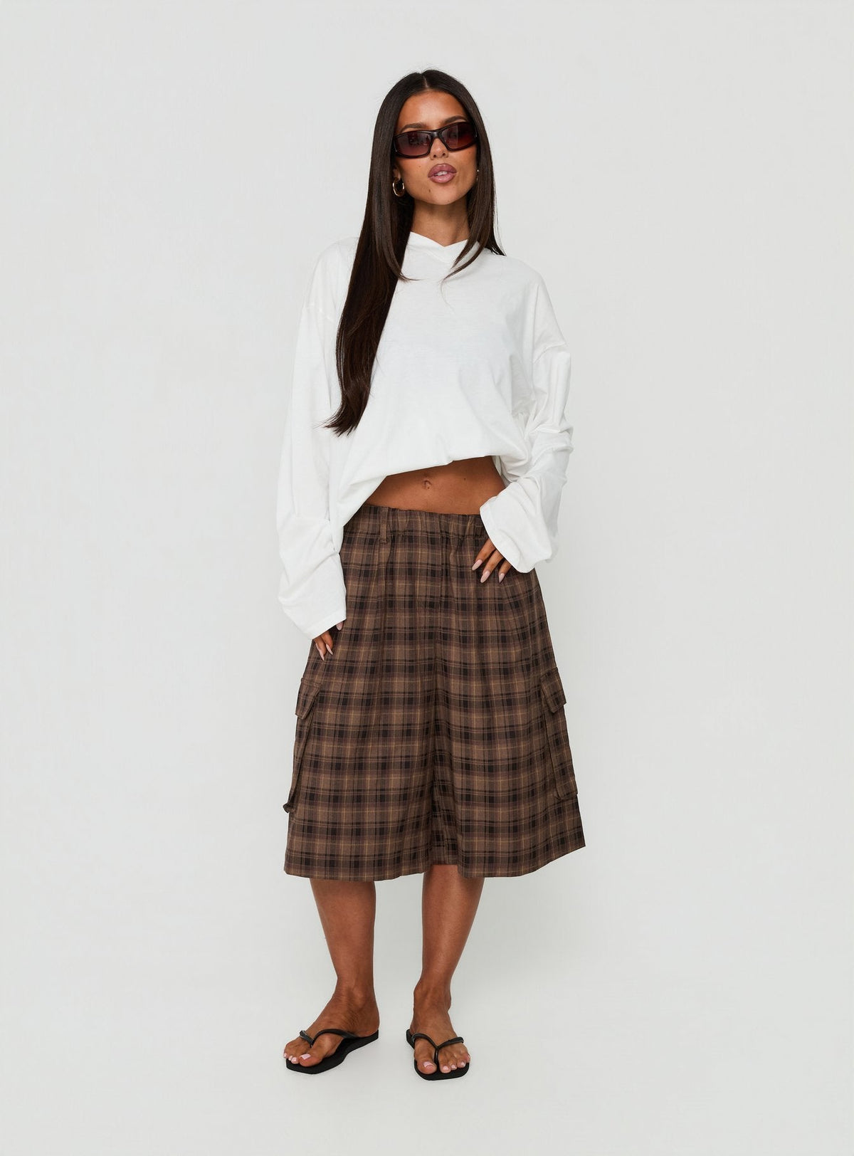 Brenn Baggy Longline Shorts Braunes Karo