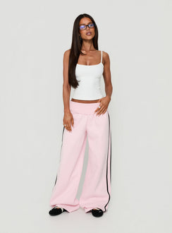 Lockie Foldover Baggy Track Pants Pink / Black womens regular pants with high-rise waist front view of model wearing Princess Polly
