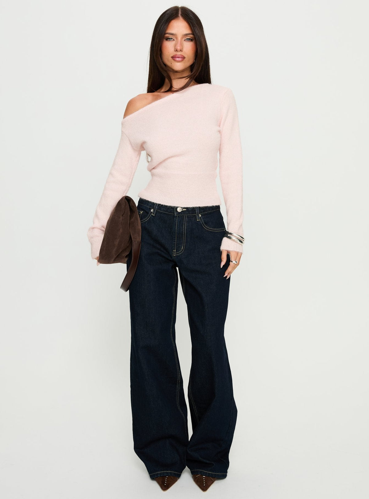 Selbey Fluffy Top mit Off-Shoulder-Ausschnitt und geraffter Taille, Pink