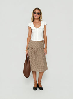 Designed with the Kasida Tie Detail Midi Skirt Brown Check in womens-skirts with midi length side view of model wearing Princess Polly