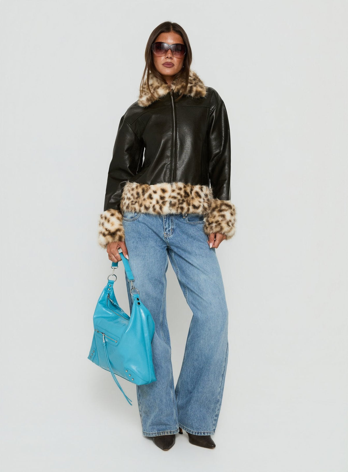 Stevvie Jacke mit Kunstpelzbesatz Schwarz / Leopard