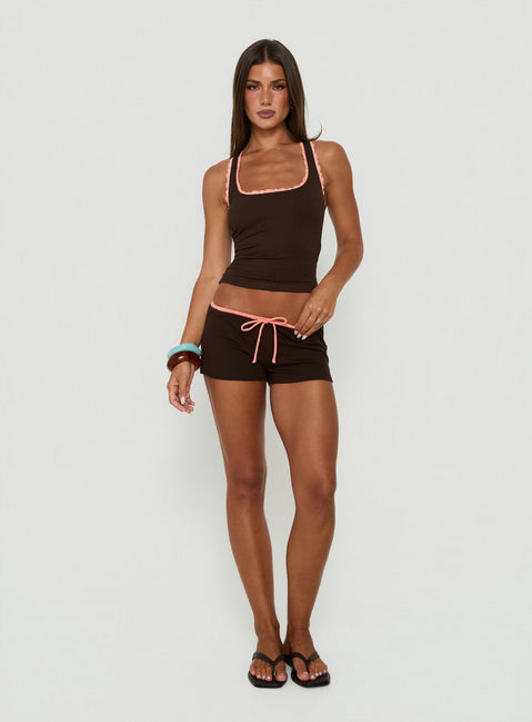 Lyndsie Rib Lace Racer Back Tank Brown / Coral